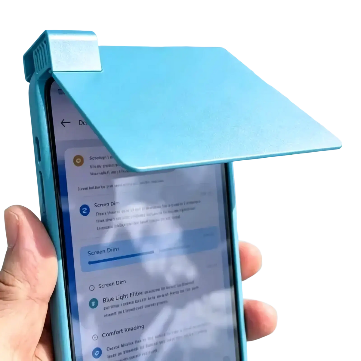 Light blue plastic phone sunshade case with clip-on anti glare screen protector for enhanced visibility