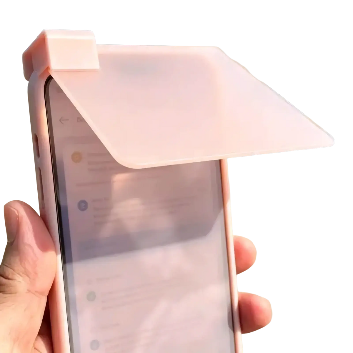 Pink translucent phone sunshade case with anti-glare pla cover and roof-like attachment for screen protection