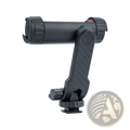 Black adjustable phone tripod mount with 360 rotatable dual cold shoe featuring carbon fiber texture and red hinge accent