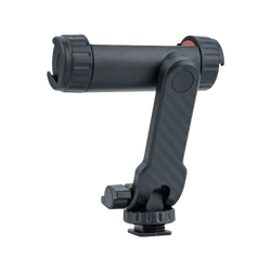 Black adjustable phone tripod mount with 360 rotatable dual cold shoe featuring carbon fiber texture and red hinge accent