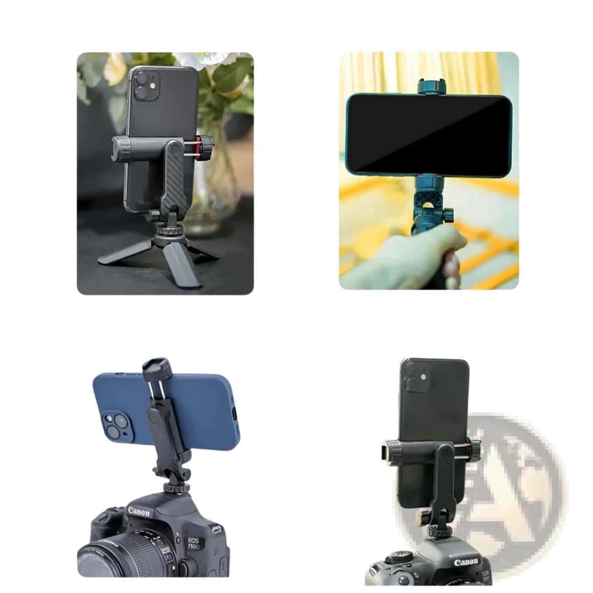 Black and blue adjustable phone tripod mount with 360 rotatable dual cold shoe and carbon fiber texture accents
