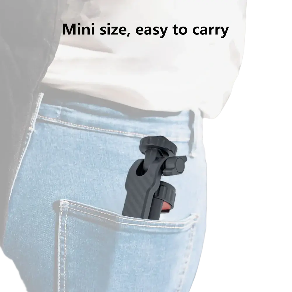 Black mini tripod with compact foldable design for easy portability and phone tripod mount 360 rotatable dual cold shoe