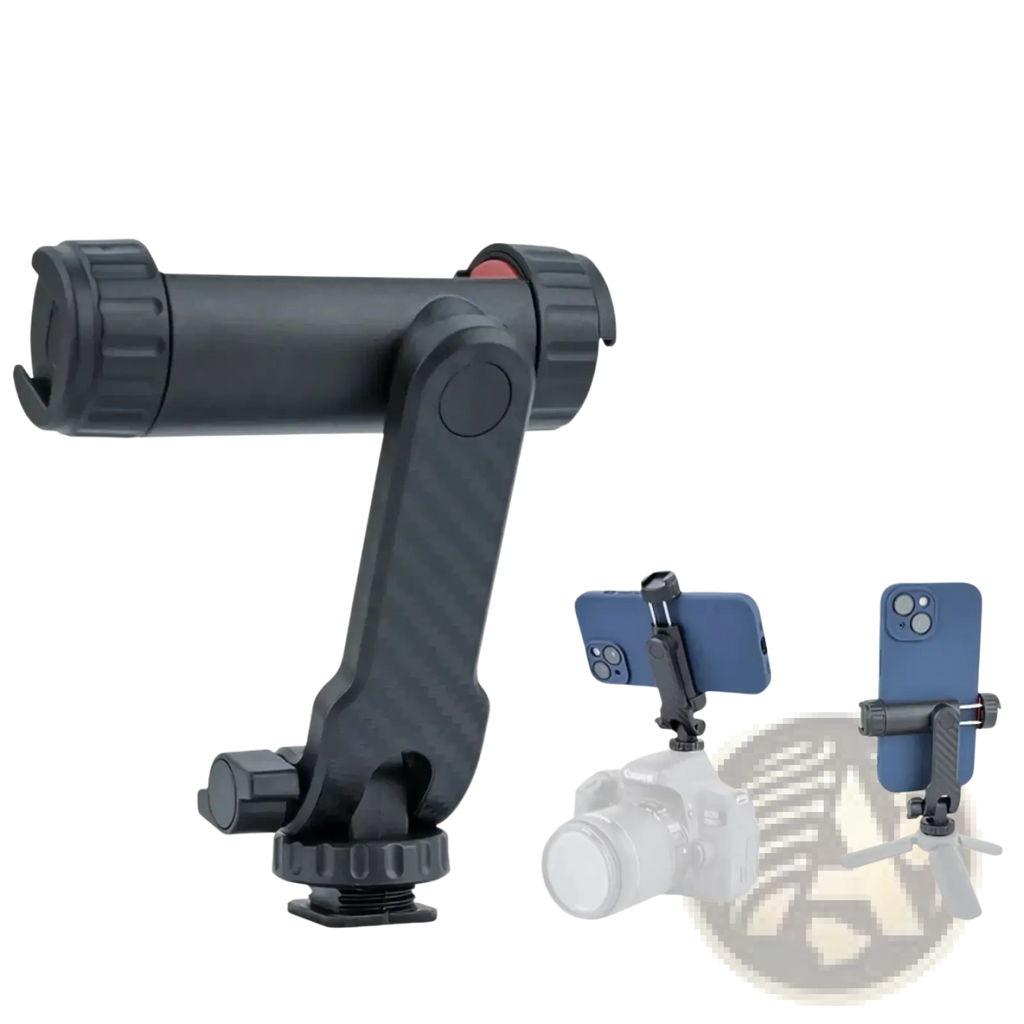 Black multifunctional phone tripod mount with 360° rotatable arm and dual cold shoe mount for versatile use