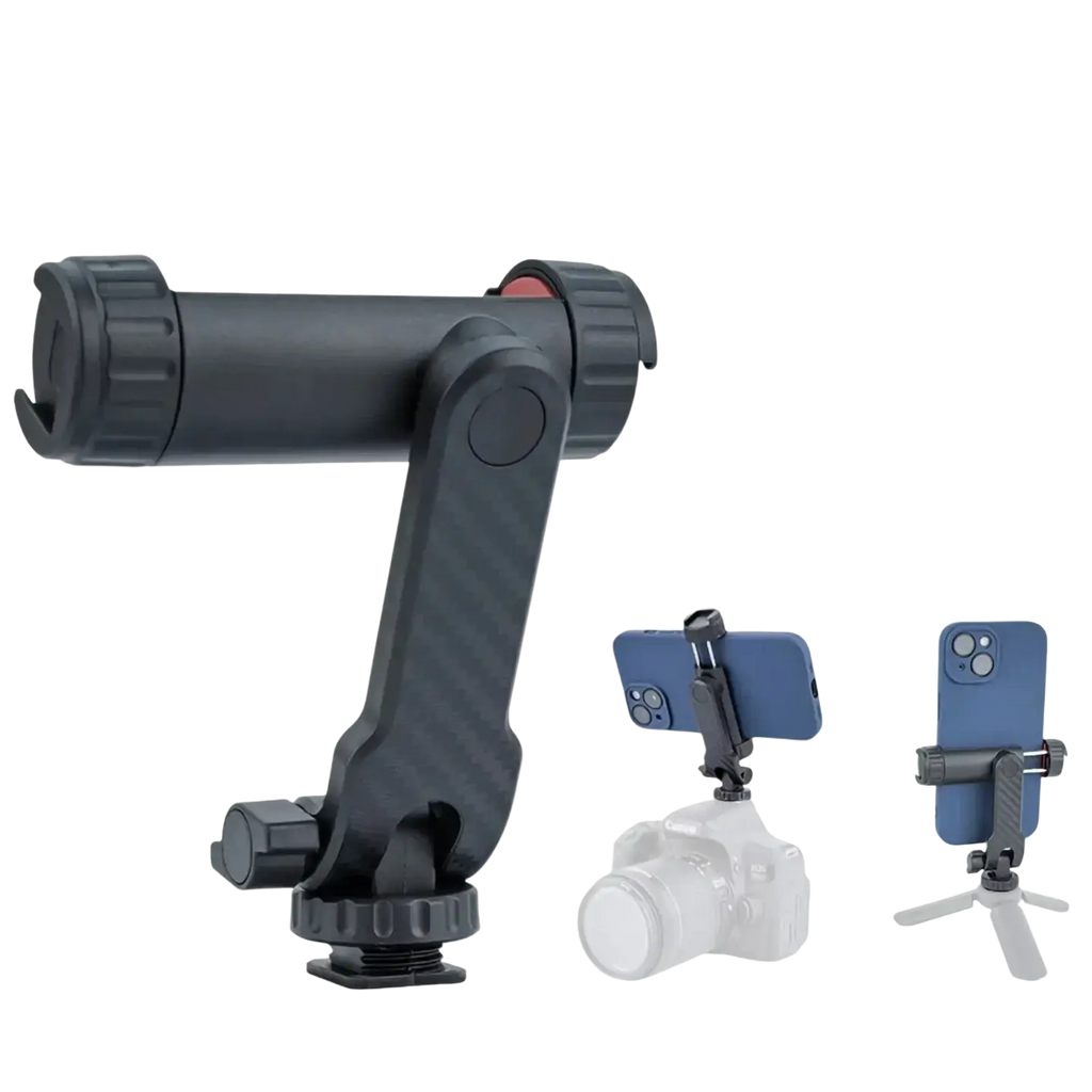Black multifunctional phone tripod mount with 360° rotatable arm and dual cold shoe mount for versatile use