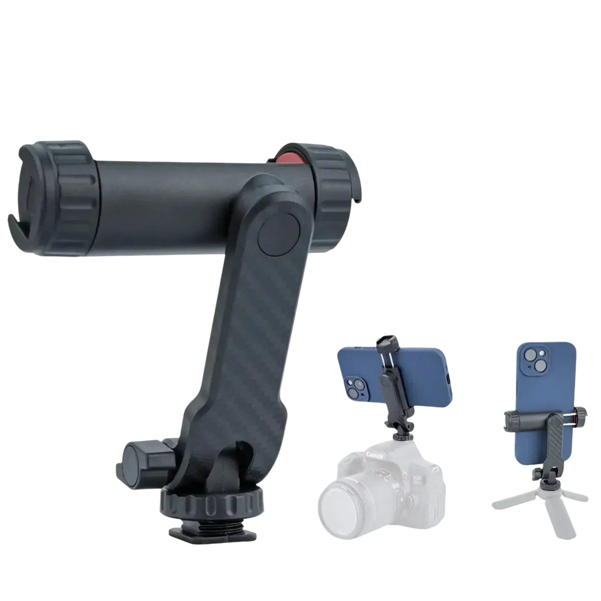 Black multifunctional phone tripod mount with 360° rotatable arm and dual cold shoe mount for versatile use