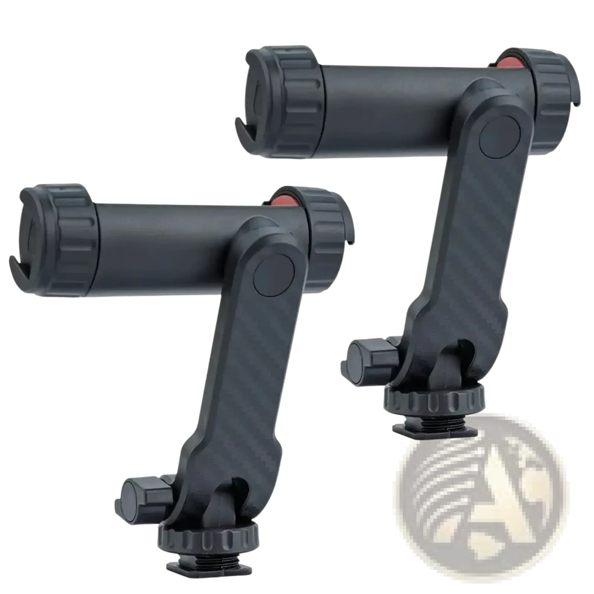 Black adjustable phone tripod mount arms with carbon fiber texture and red accents featuring 360 rotating dual cold shoe