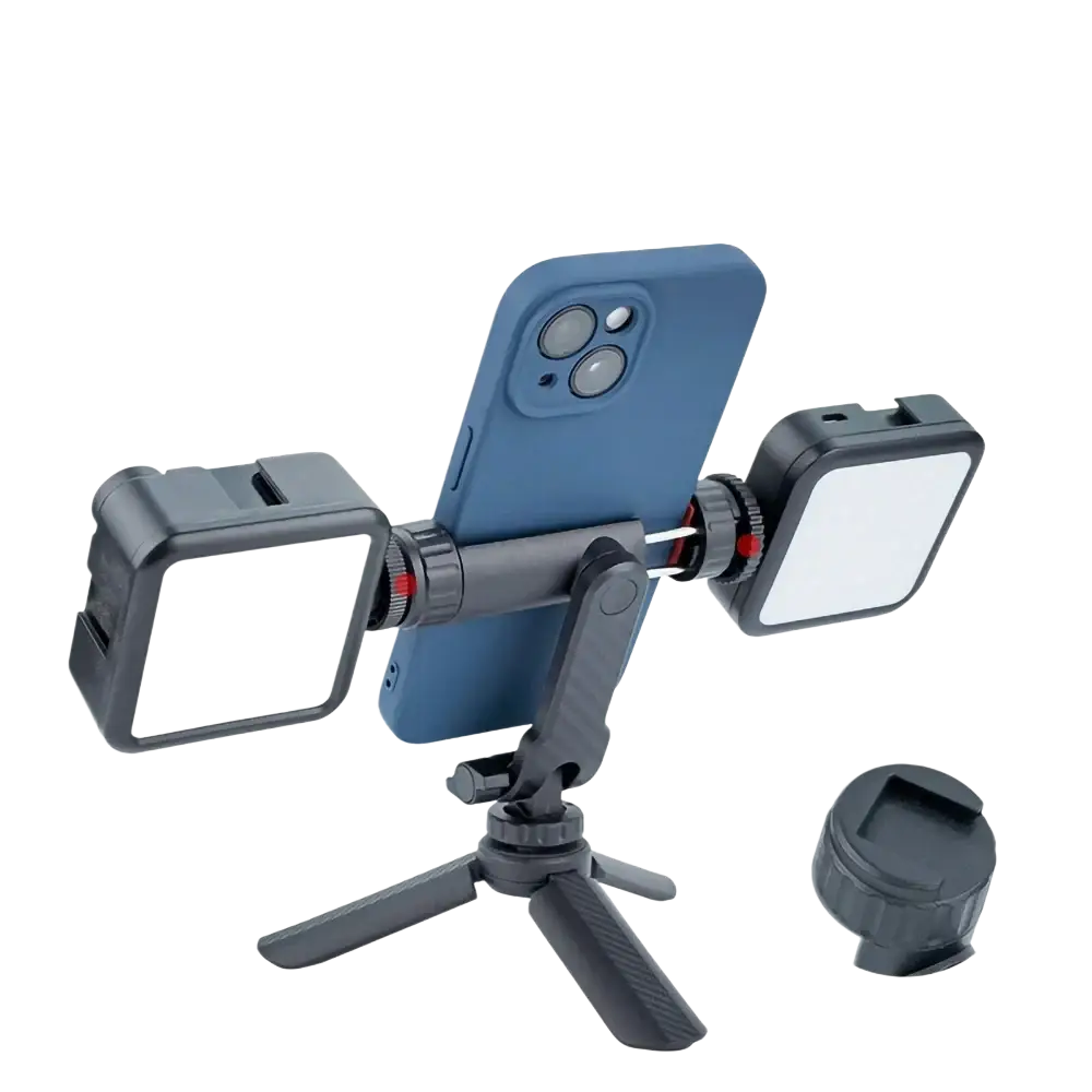 Black adjustable phone tripod mount with 360 rotating dual cold shoe and two square led lights for video lighting