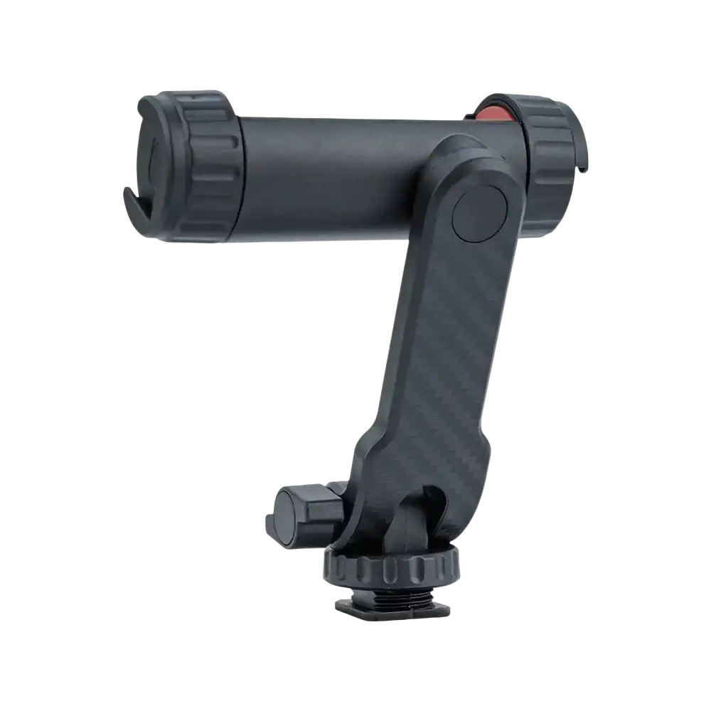 Black phone tripod mount with 360 rotating dual cold shoe and carbon fiber textured adjustable arm with knurled knobs