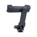 Black phone tripod mount with 360 rotating dual cold shoe and carbon fiber textured adjustable arm with knurled knobs