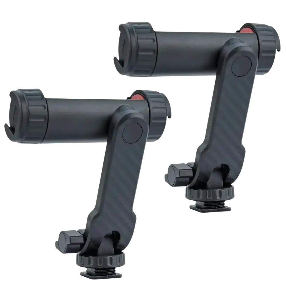 Black adjustable phone tripod mount arms with carbon fiber texture and red accents featuring 360 rotating dual cold shoe