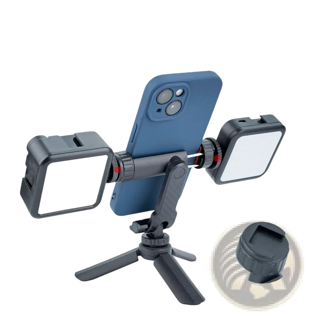 Black adjustable phone tripod mount with 360 rotating dual cold shoe and two square led lights for video lighting