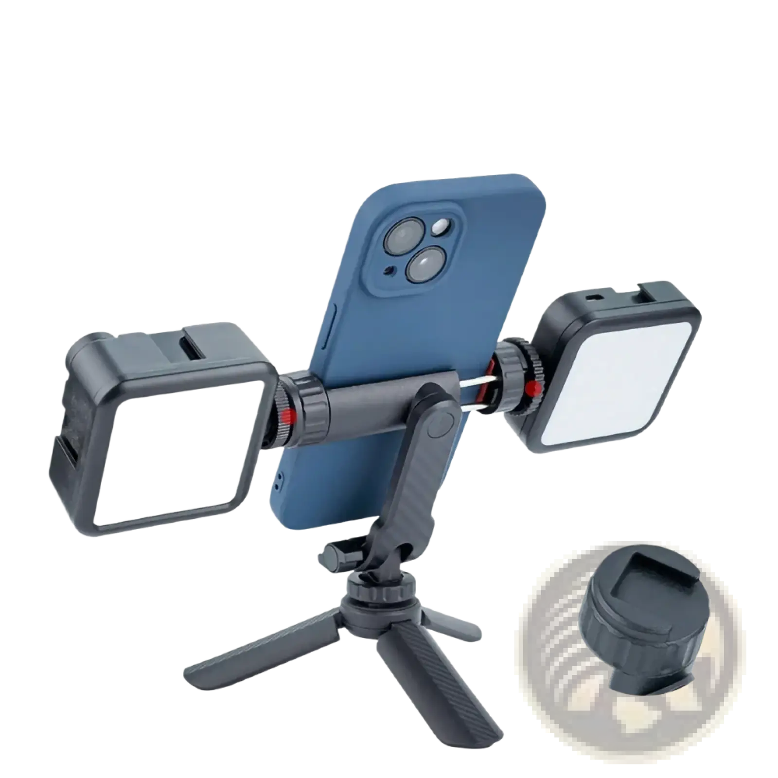 Black adjustable phone tripod mount with 360 rotating dual cold shoe and two square led lights for video lighting