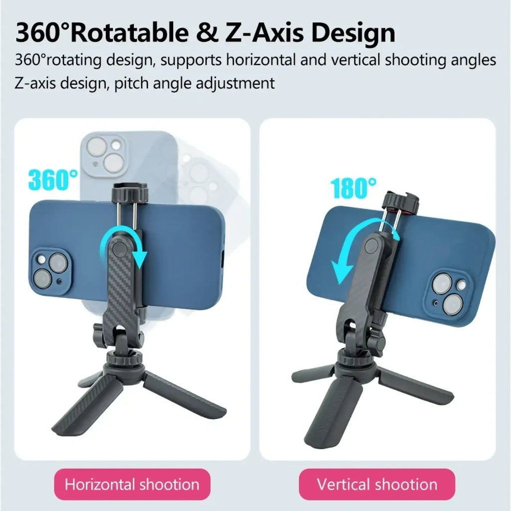Black carbon fiber-textured phone tripod mount 360 rotating mini tripod with dual cold shoe for horizontal or vertical shooting