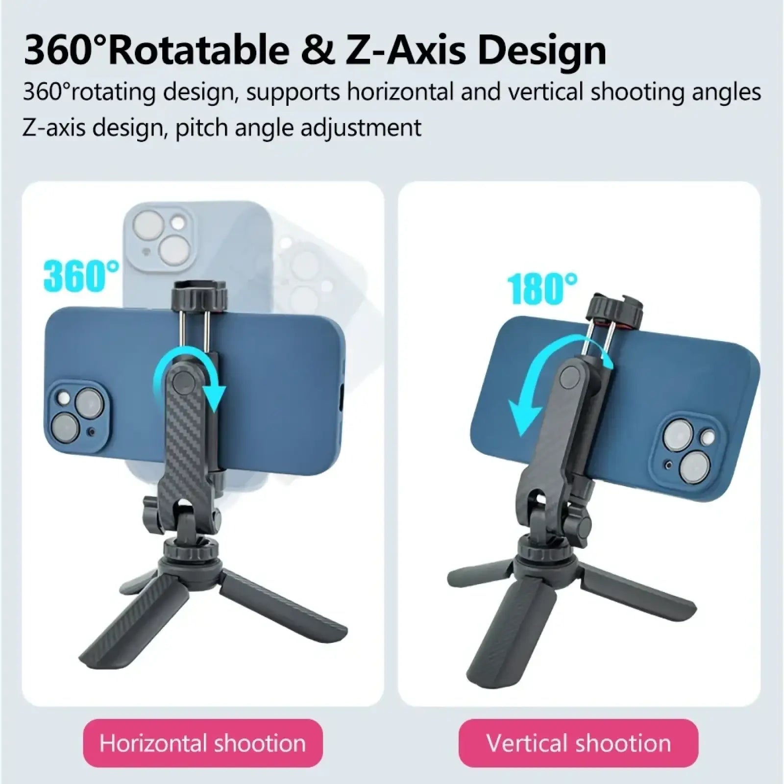 Black carbon fiber-textured phone tripod mount 360 rotating mini tripod with dual cold shoe for horizontal or vertical shooting