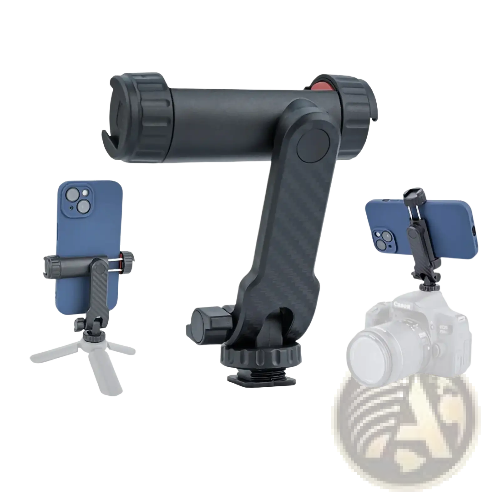 Black multifunctional phone tripod mount with 360 rotating dual cold shoe and adjustable clamp arms for smartphones or cameras