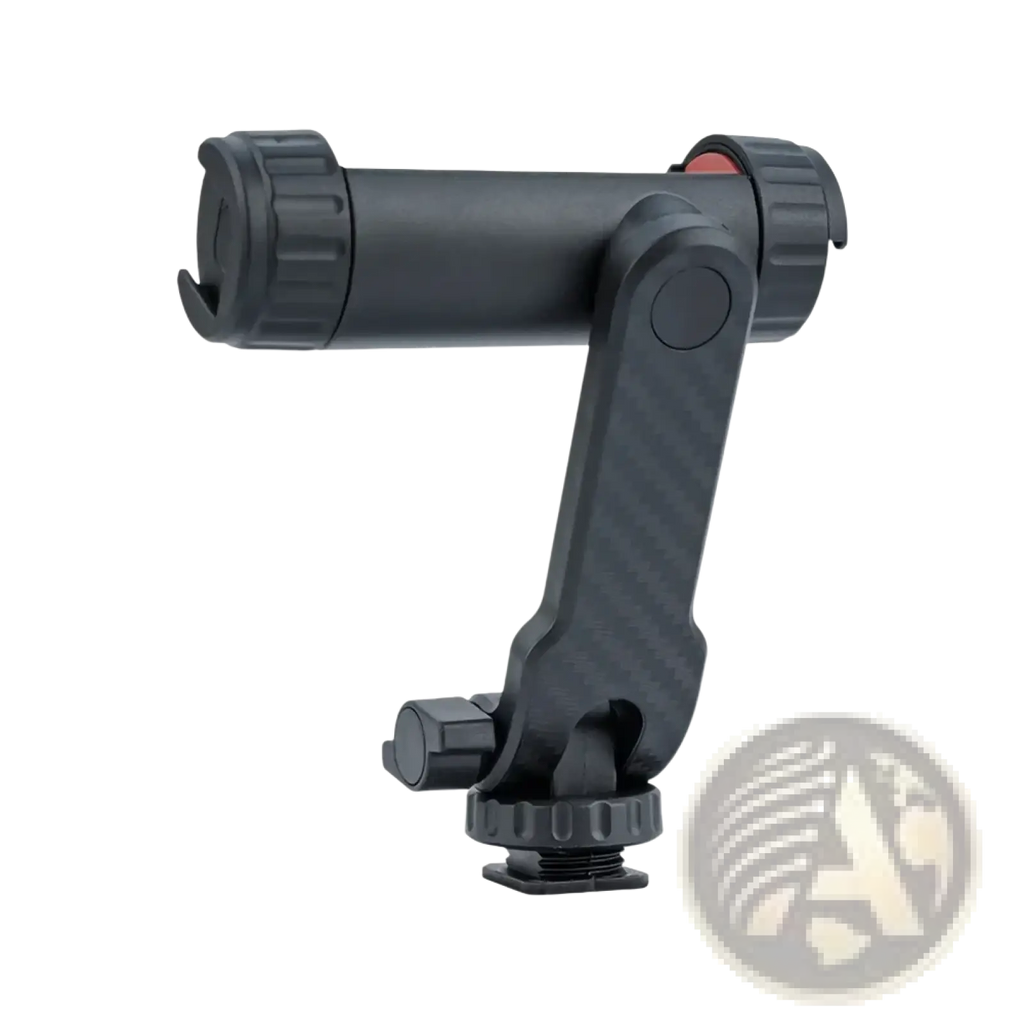 Black phone tripod mount with 360 rotating dual cold shoe and carbon fiber textured adjustable arm with knurled knobs
