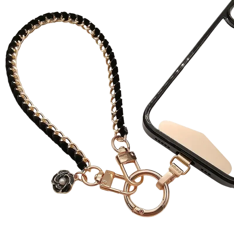 Black and gold chain phone wrist strap with floral charm anti lost hand lanyard accessory