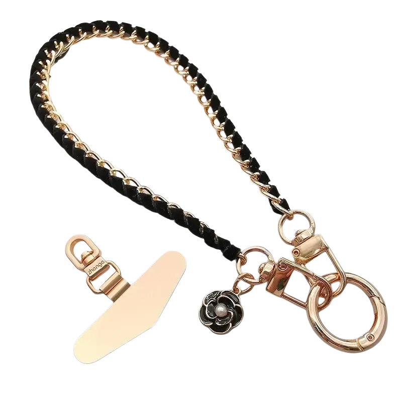 Phone wrist strap with gold chain braided black leather and floral charm featuring a carabiner clip for anti lost use