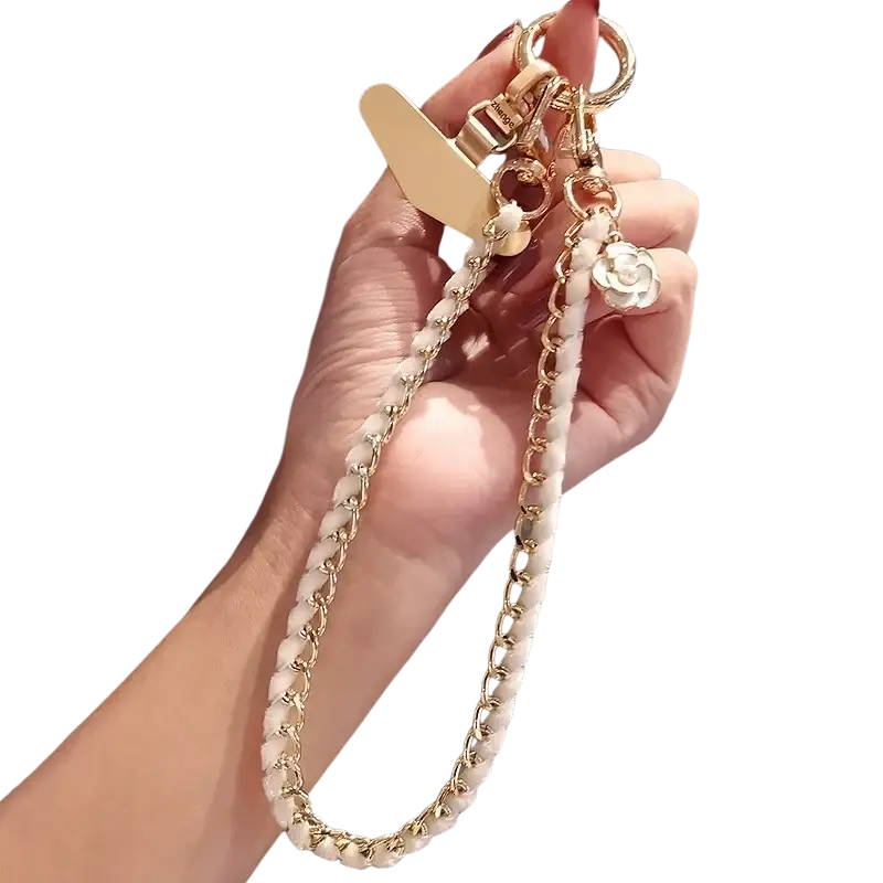 Phone wrist strap gold chain with white textured beads and floral charm for anti lost hand lanyard use