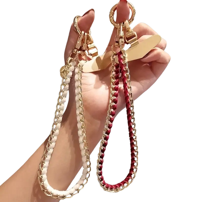 Gold-toned chain phone wrist strap keychains with white and red braided cord accents anti lost hand lanyard