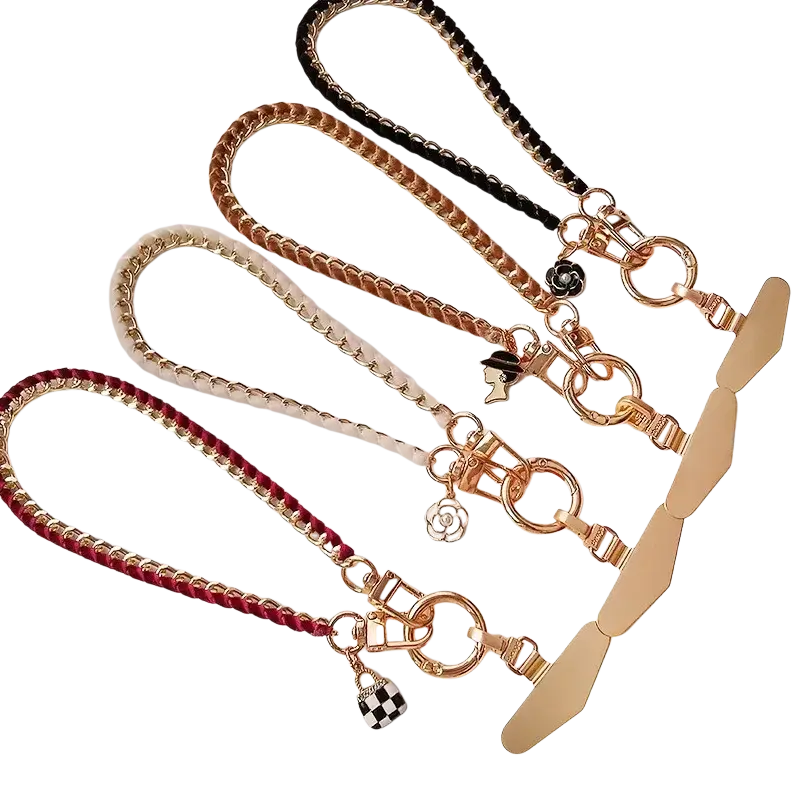 Phone wrist strap gold chain with decorative charms in a sleek minimalist design for anti lost hand lanyard use