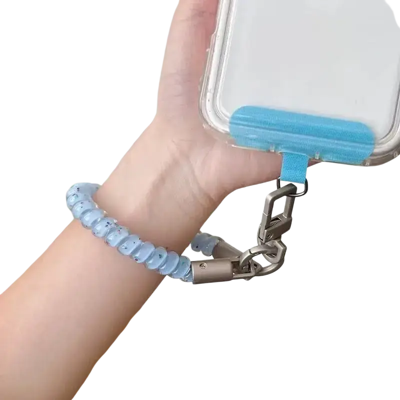 Light blue beaded phone wrist strap keychain coil lanyard with metallic clasp and adjustable velcro attachment