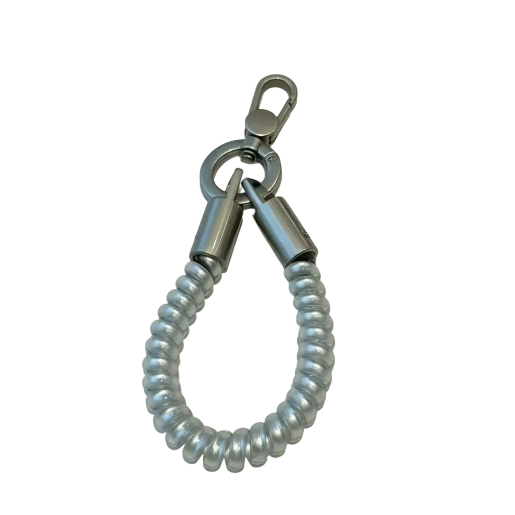 Silver metallic phone wrist strap keychain coil lanyard with coiled cord and sturdy carabiner clip