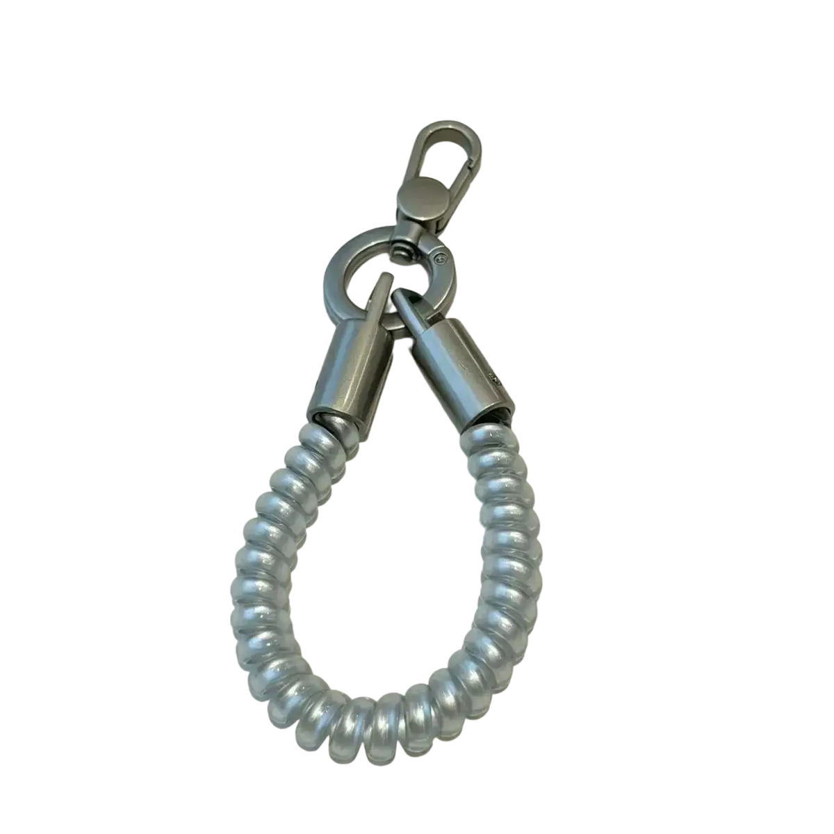 Silver metallic phone wrist strap keychain coil lanyard with coiled cord and sturdy carabiner clip