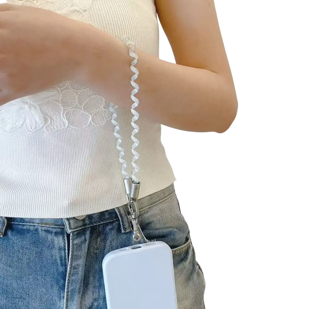White spiral coil lanyard with silver metal clasp attached to light blue phone case phone wrist strap keychain