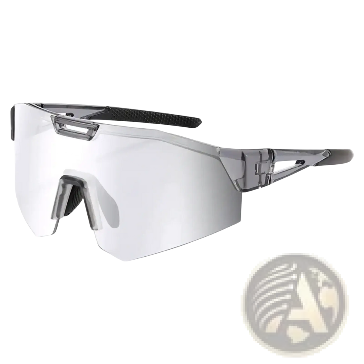 Photochromic cycling sunglasses with clear transparent frame and black textured temple tips for outdoor sports use