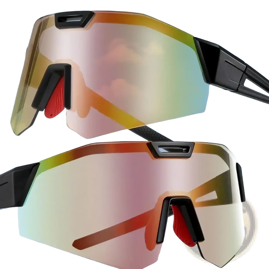 Photochromic cycling sunglasses with black frames and iridescent gradient lenses shifting from gold to pink and green