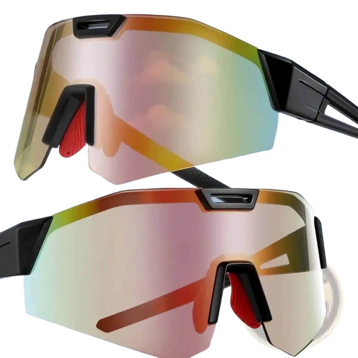 Photochromic cycling sunglasses with black frames and iridescent gradient lenses shifting from gold to pink and green