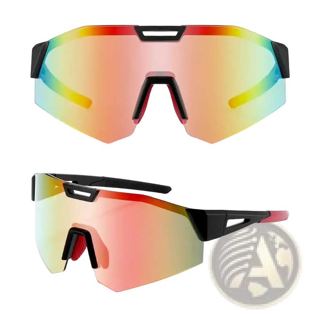 Photochromic cycling sunglasses with black frames and iridescent gradient lenses shifting from red to blue and yellow for outdoor sports