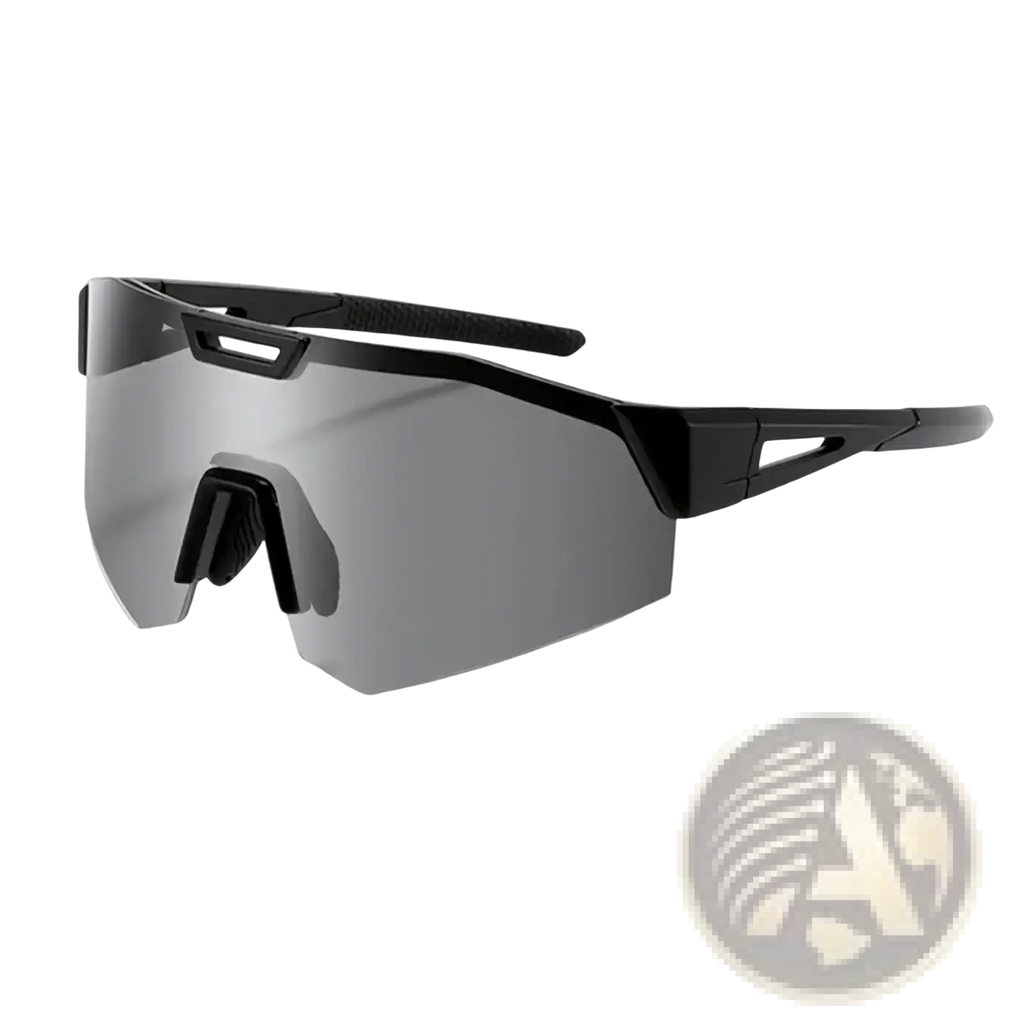 Photochromic cycling sunglasses with black aerodynamic frame and gradient gray lenses for outdoor sports use