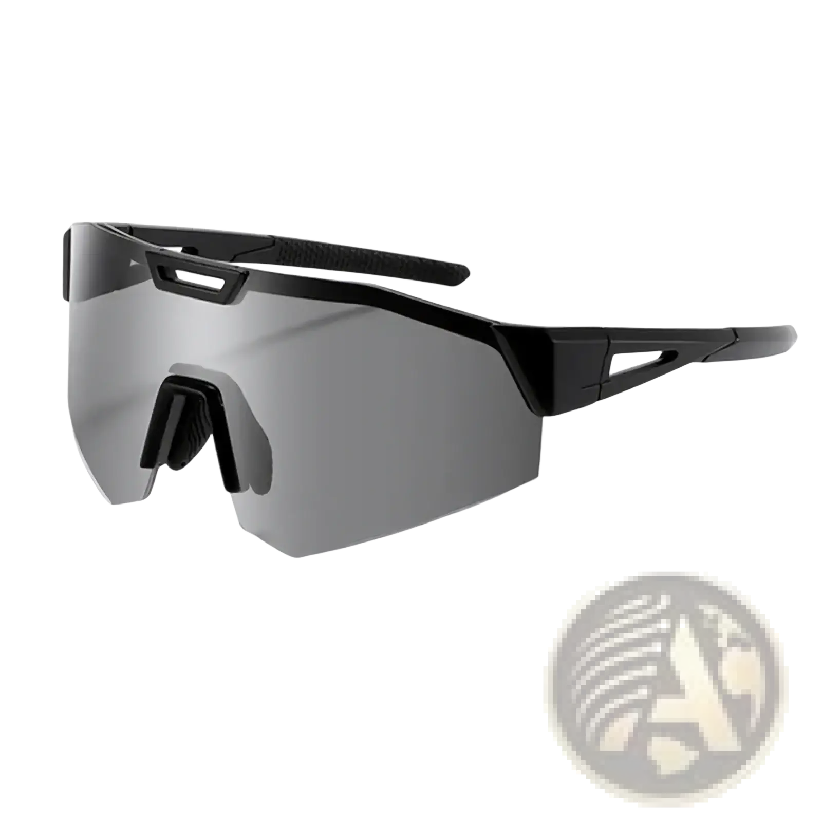 Photochromic cycling sunglasses with black aerodynamic frame and gradient gray lenses for outdoor sports use