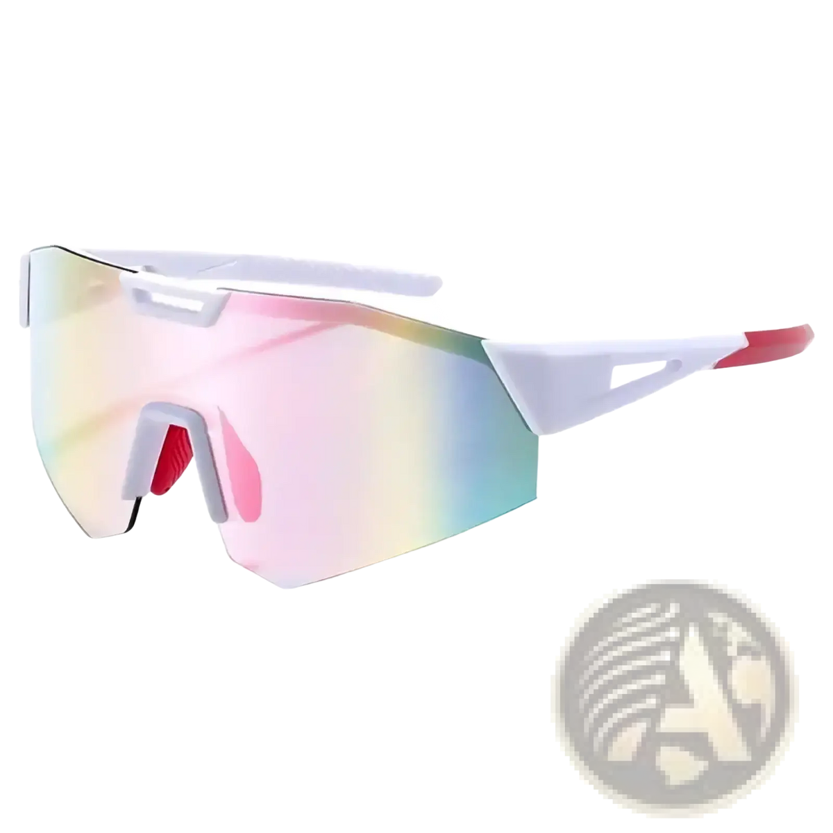 Photochromic cycling sunglasses with white and red frame and iridescent lens shifting pink yellow and blue hues