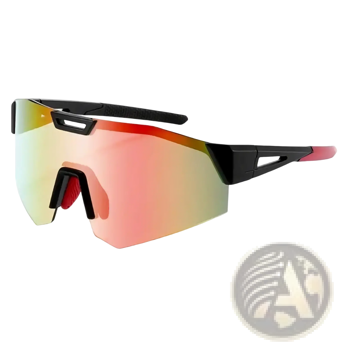 Photochromic cycling sunglasses with black and red frame and gradient mirrored lens for outdoor sports use