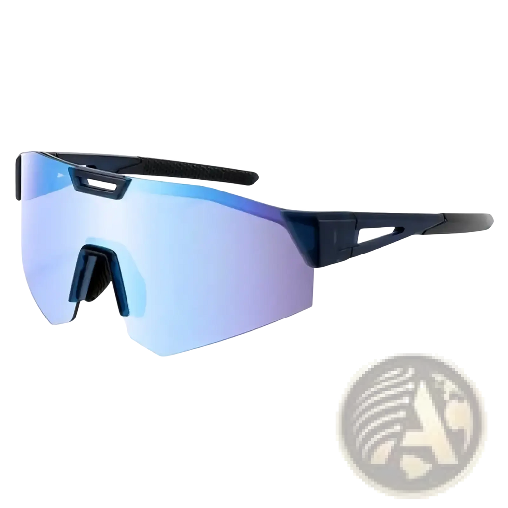 Photochromic cycling sunglasses with blue gradient mirrored lenses and a sleek black frame for outdoor sports