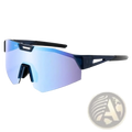 Photochromic cycling sunglasses with blue gradient mirrored lenses and a sleek black frame for outdoor sports