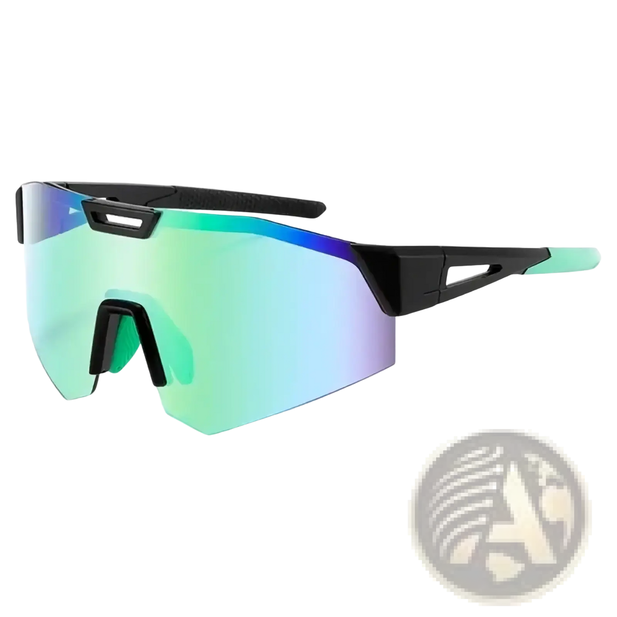 Photochromic cycling sunglasses with black and teal frames and gradient mirrored lenses shifting from green to blue