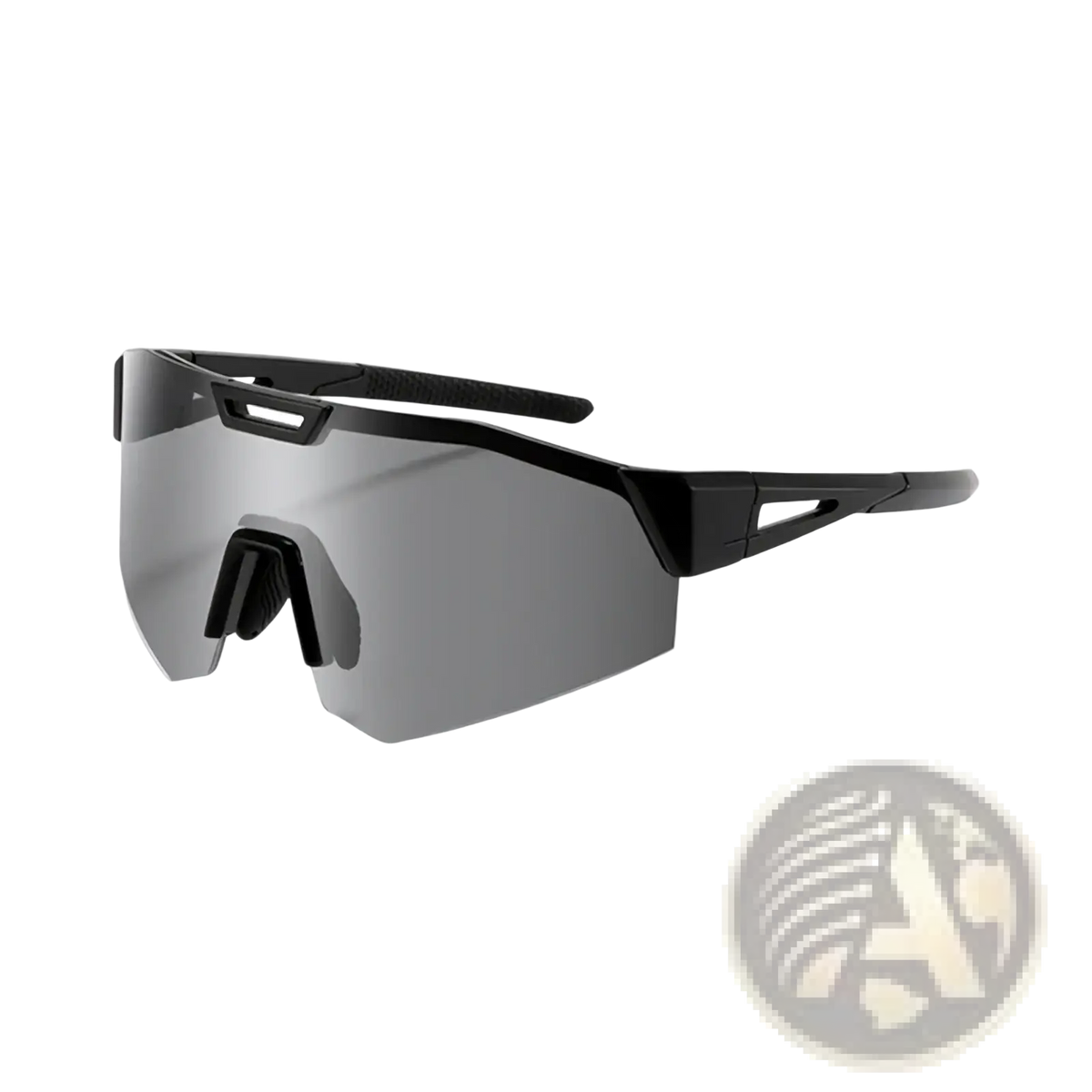 Photochromic cycling sunglasses with black aerodynamic frame and gradient gray mirrored lenses for outdoor sports