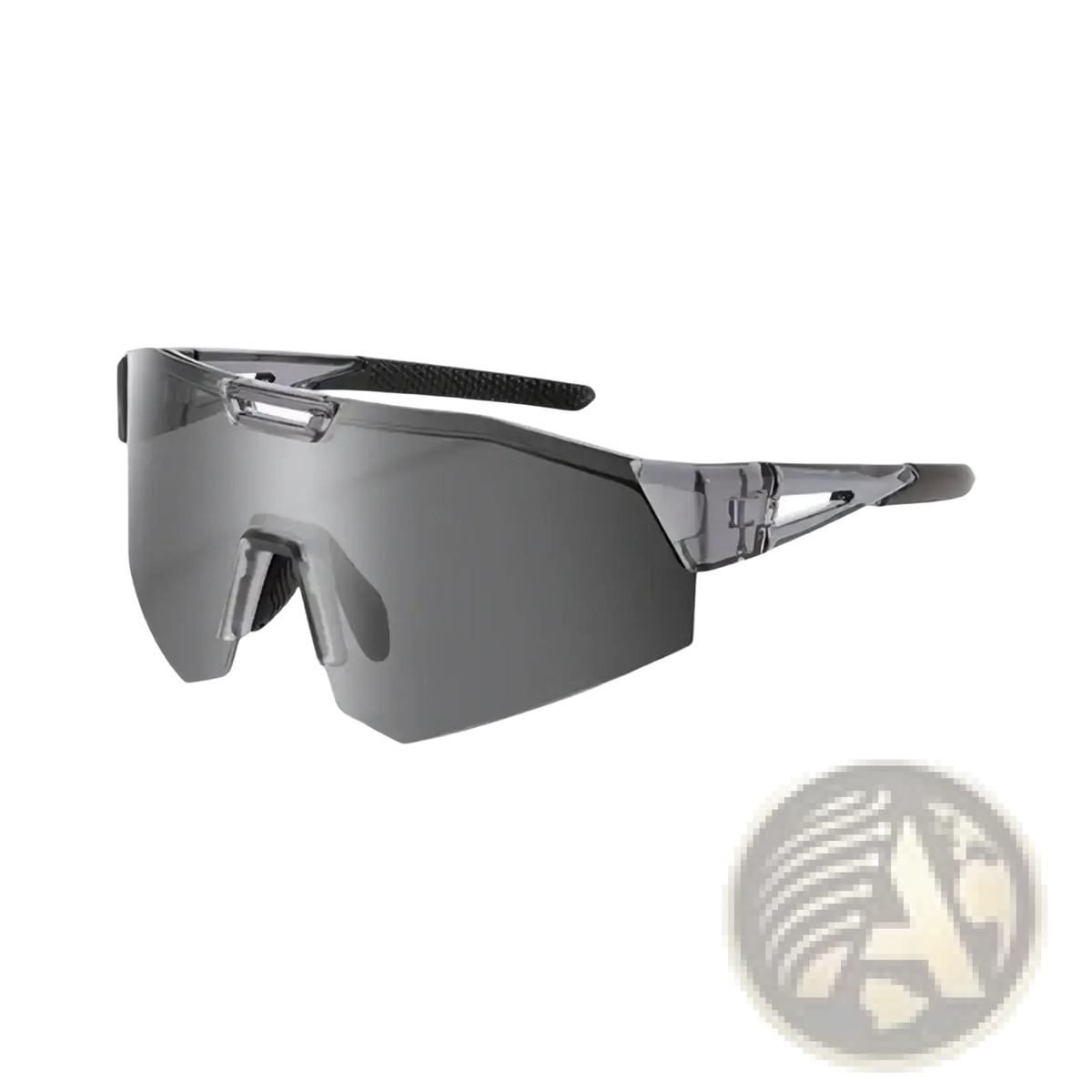 Gray mirrored photochromic cycling sunglasses with sleek aerodynamic frame and black textured temple tips for outdoor sports