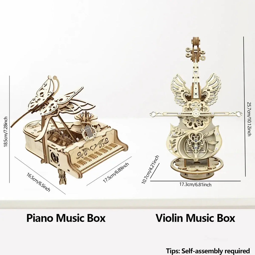 Piano music box 3d wooden puzzle diy assembly kit in light wood with intricate butterfly and floral carvings on lid