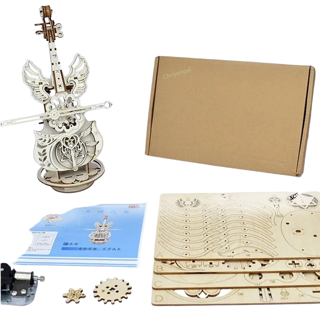 A delicately crafted white wooden violin music box with intricate winged floral cutouts from a piano music box 3d puzzle kit