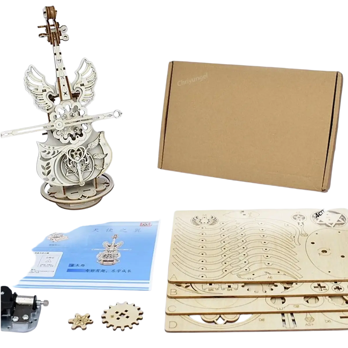 A delicately crafted white wooden violin music box with intricate winged floral cutouts from a piano music box 3d puzzle kit
