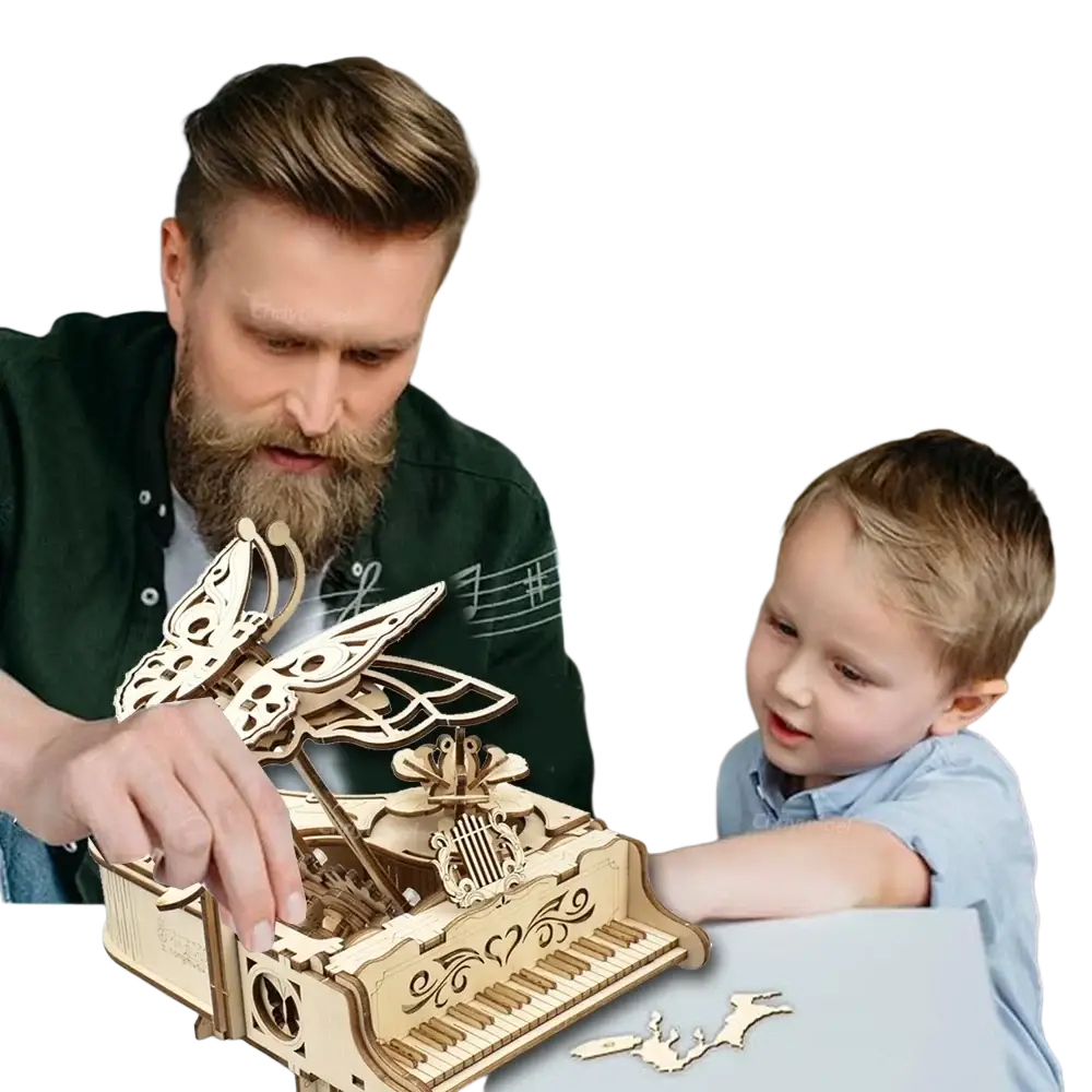 Piano music box 3d wooden puzzle diy assembly kit featuring intricately carved light-colored wood and butterfly design