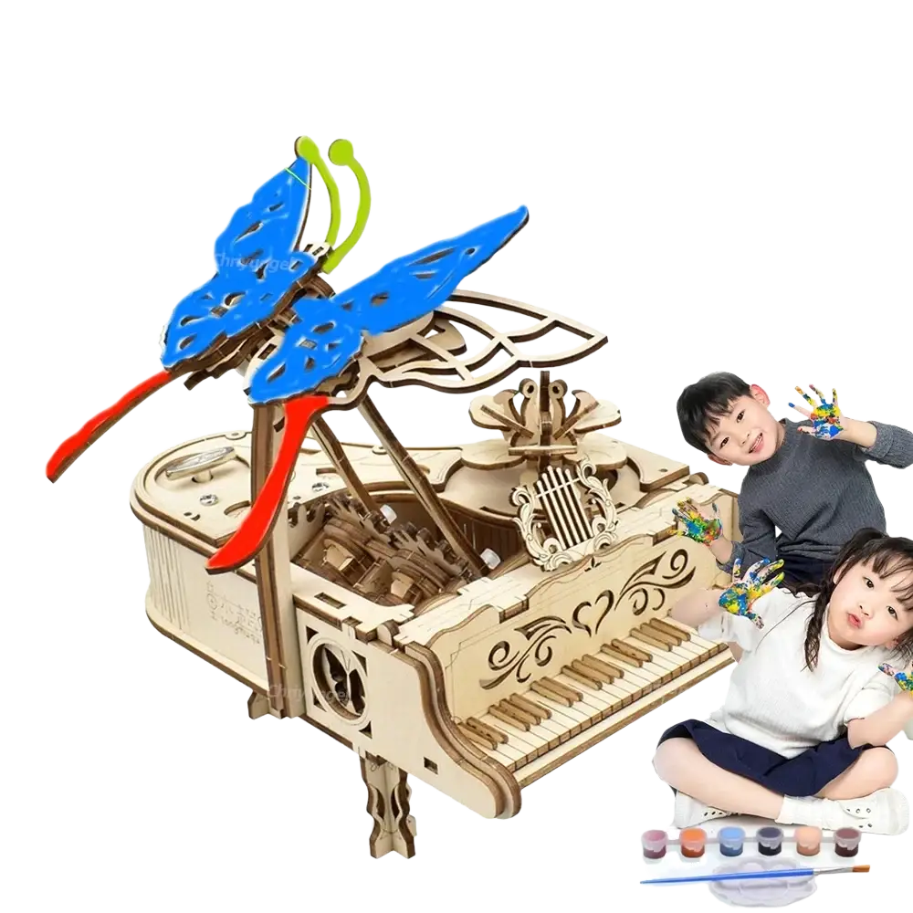 A wooden piano music box 3d puzzle with intricate cut-out designs and a blue green butterfly on the lid