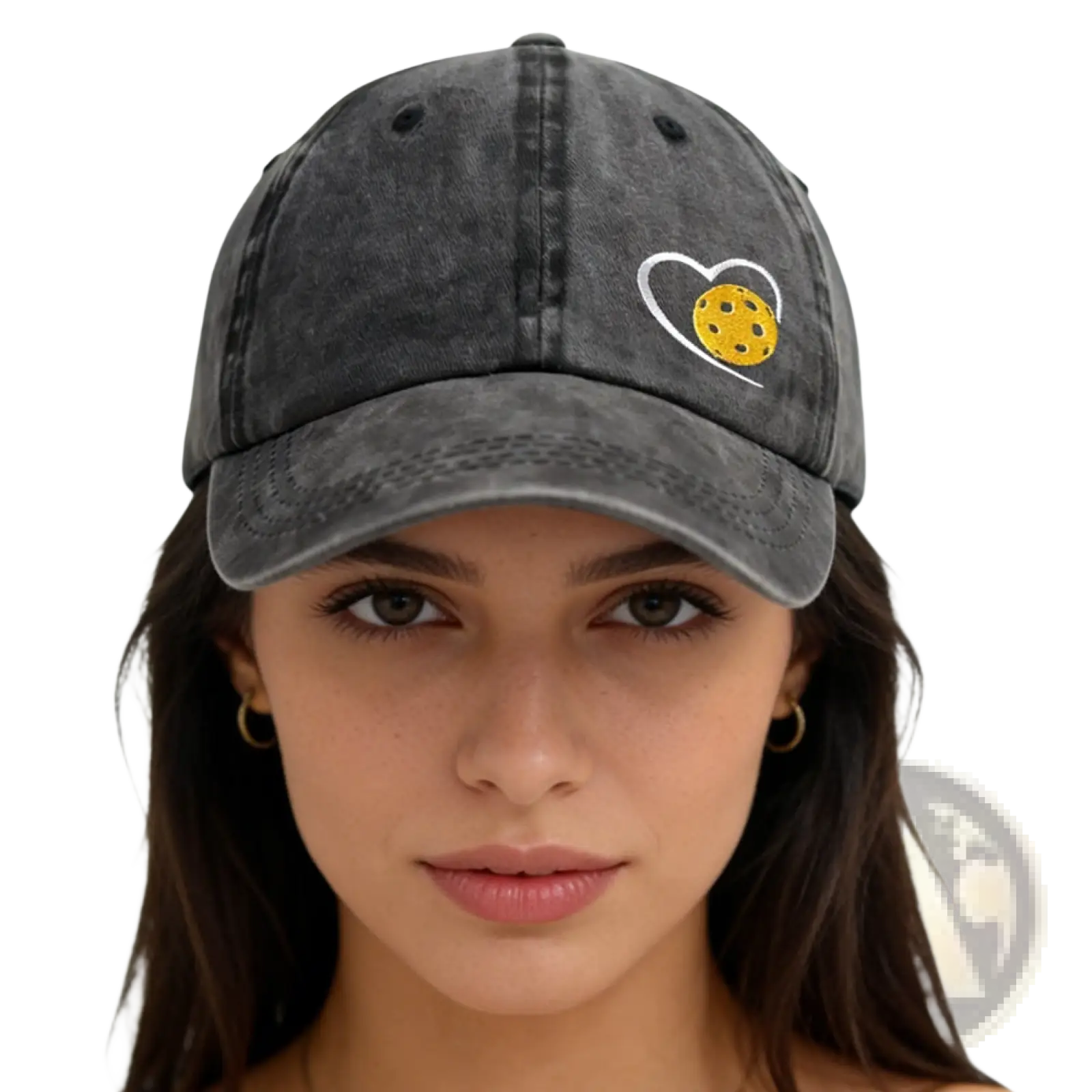 Dark gray distressed cotton baseball cap with white heart embroidery featuring yellow cookie design pickleball theme