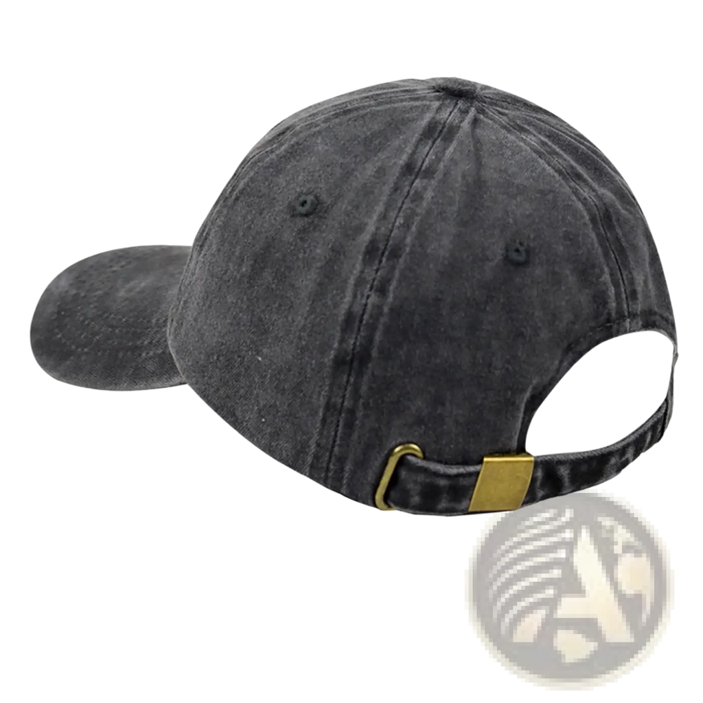 Dark gray distressed cotton baseball cap with pickleball heart design and gold-tone adjustable strap shown from back