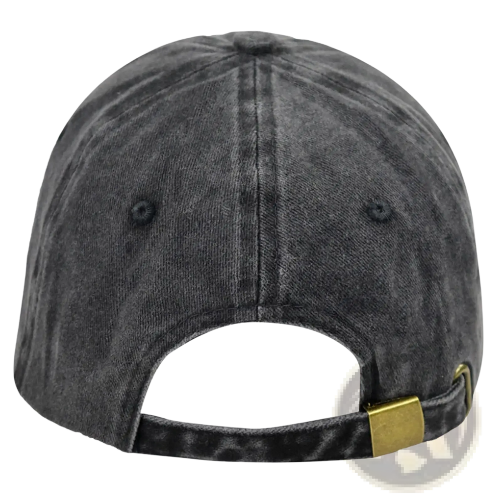 Dark gray distressed cotton baseball cap with gold-tone metal adjustment strap for pickleball enthusiasts